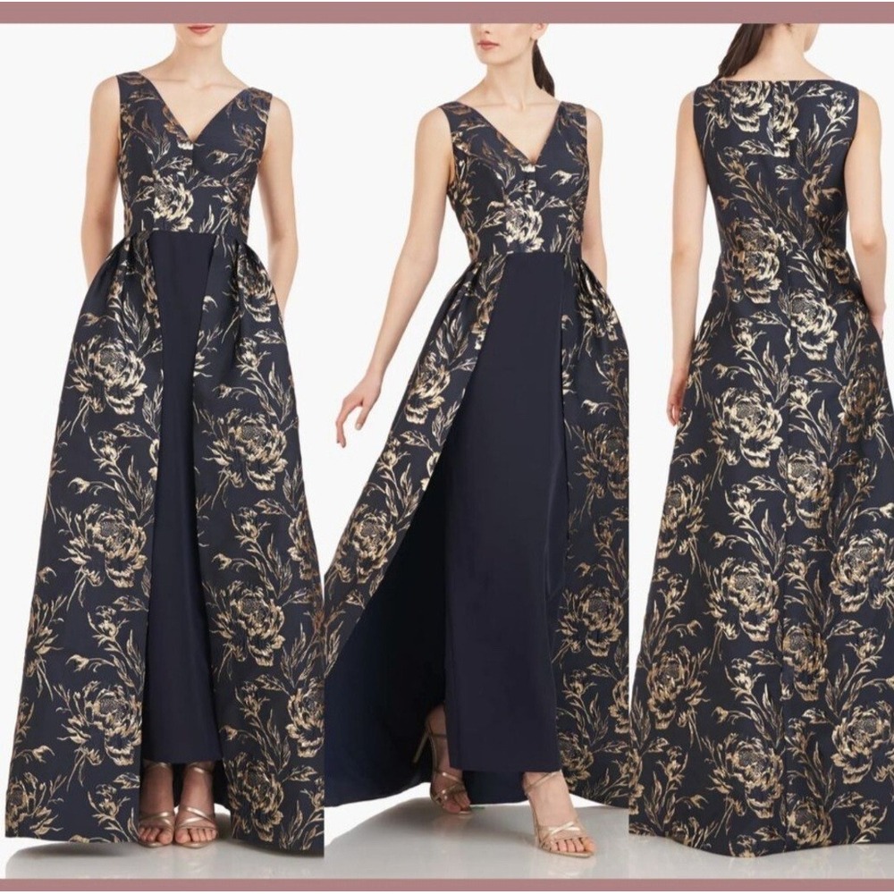 NWT Kay Unger [ 6 ]‎ V-Neck Metallic Jacquard Sterling Gown in Blue Gold J1899
